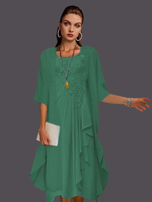 Two Piece A-Line Chiffon Lace Sleeveless Jacket Dresses with Pleats Appliques