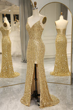 Bling Mermaid Spaghetti Straps Golden Sequins Long Prom Dress with Split Front