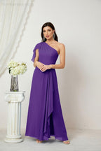 Numbersea  Chiffon Ruffled One Shoulder Long Bridesmaid Dresses A-line Formal Evening Gown Side Split 2809