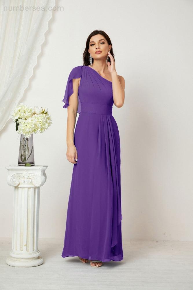 Numbersea  Chiffon Ruffled One Shoulder Long Bridesmaid Dresses A-line Formal Evening Gown Side Split 2809