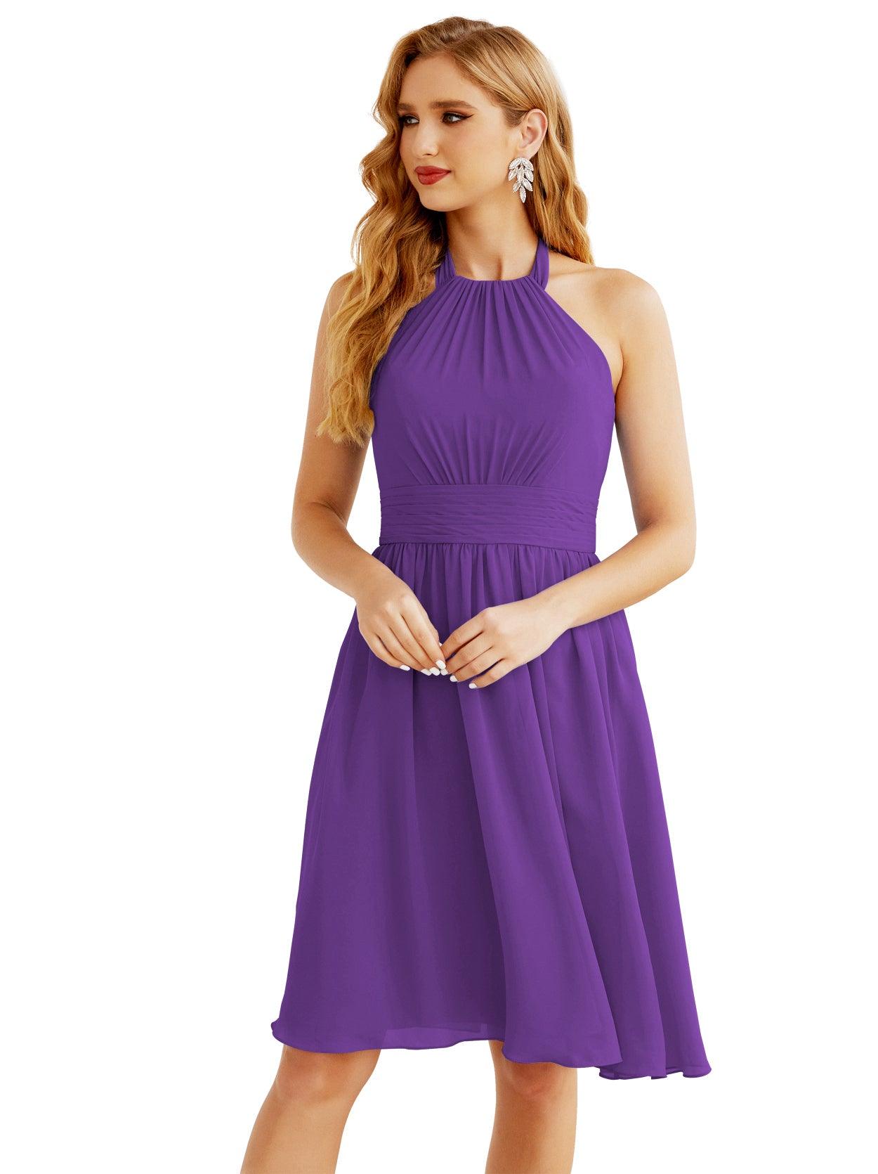 Baoleely Halter Chiffon Bridesmaid Dresses Short Sleeveless Formal Party Dress Open Back 28023