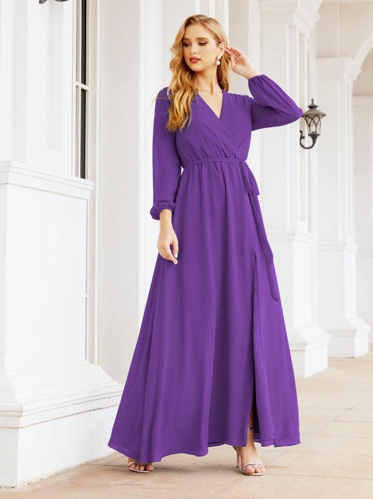 Numbersea Women's Chiffon Bridesmaid Dress A line Long Sleeves Formal Evening Prom Gown for Wedding Guest 28032