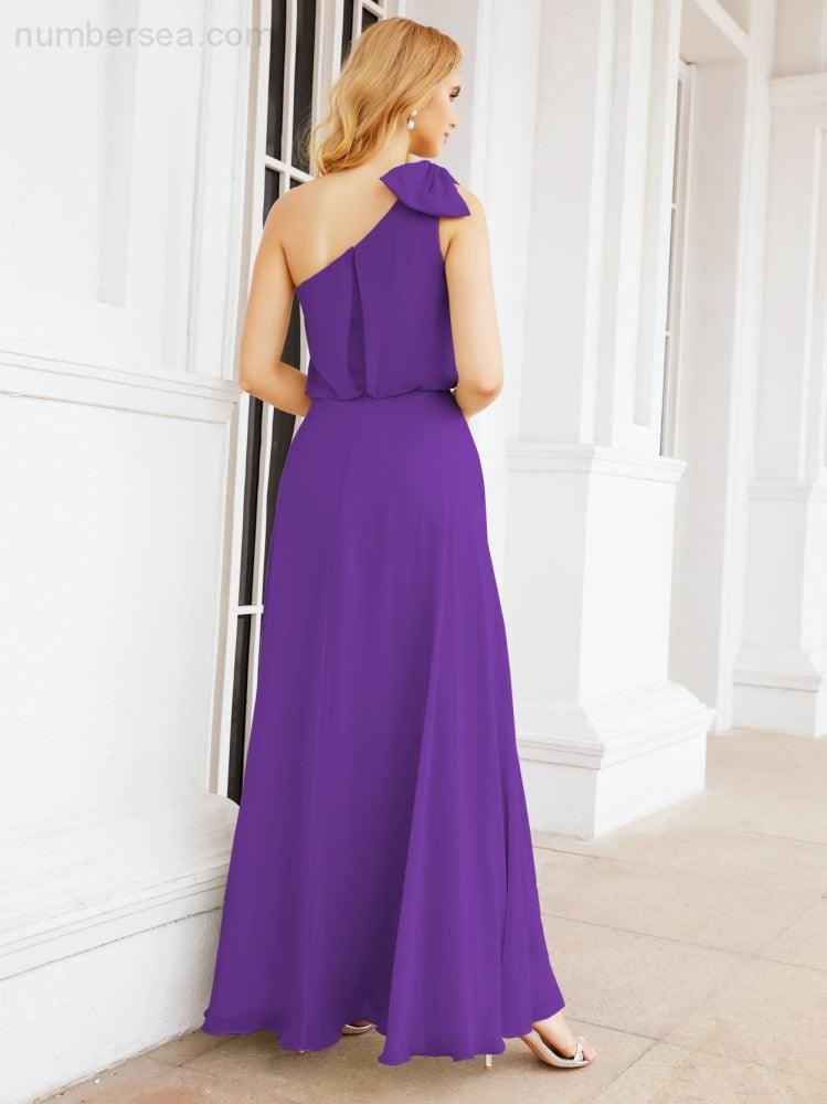 Numbersea Chiffon Ruffled One Shoulder Sleeveless Long Bride Dresses A-line Formal Evening Gown Side Split 28057