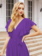 Numbersea Women's Open Back Formal Evening Party Prom Gowns V-Neck Long Chiffon Bridesmaid Dresses with Waist Belt 28038