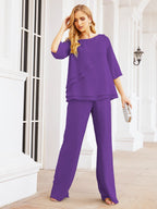 Sunnderly Elegant 2 Piece Mother of The Bride Dress Plus Size Pant Suits Ruffle Layers Sliver Housecoat SY28064