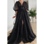 Sexy V-neck Half Sleeves High Split Sparkly Prom Dress with Pockets