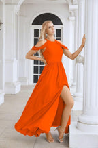 Ladies Chiffon Off Shoulder Swing Sleeve Front Slit Bridesmaid Evening Dress Wedding Party Evening Dress 28117