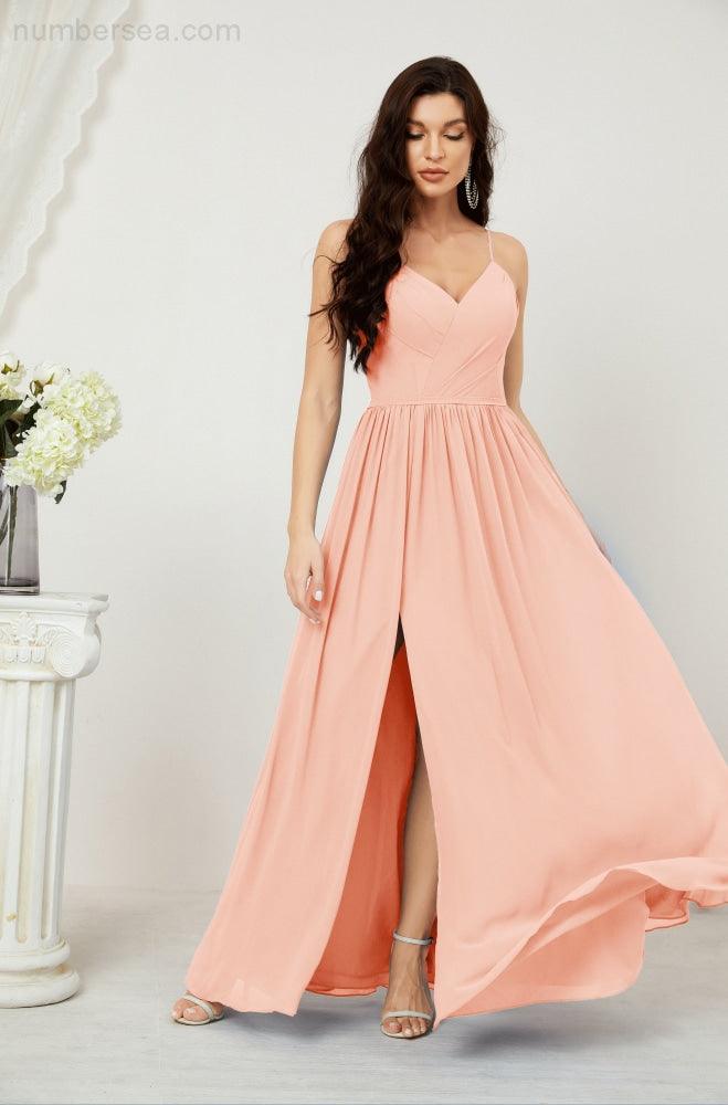 Baoleely  Neck Bridesmaid Dresses Chiffon Long Spaghetti A-line Formal Prom Gown for Wedding Party Evening 2801