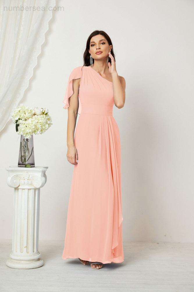 Numbersea  Chiffon Ruffled One Shoulder Long Bridesmaid Dresses A-line Formal Evening Gown Side Split 2809