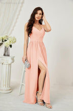 Baoleely  Neck Bridesmaid Dresses Chiffon Long Spaghetti A-line Formal Prom Gown for Wedding Party Evening 2801