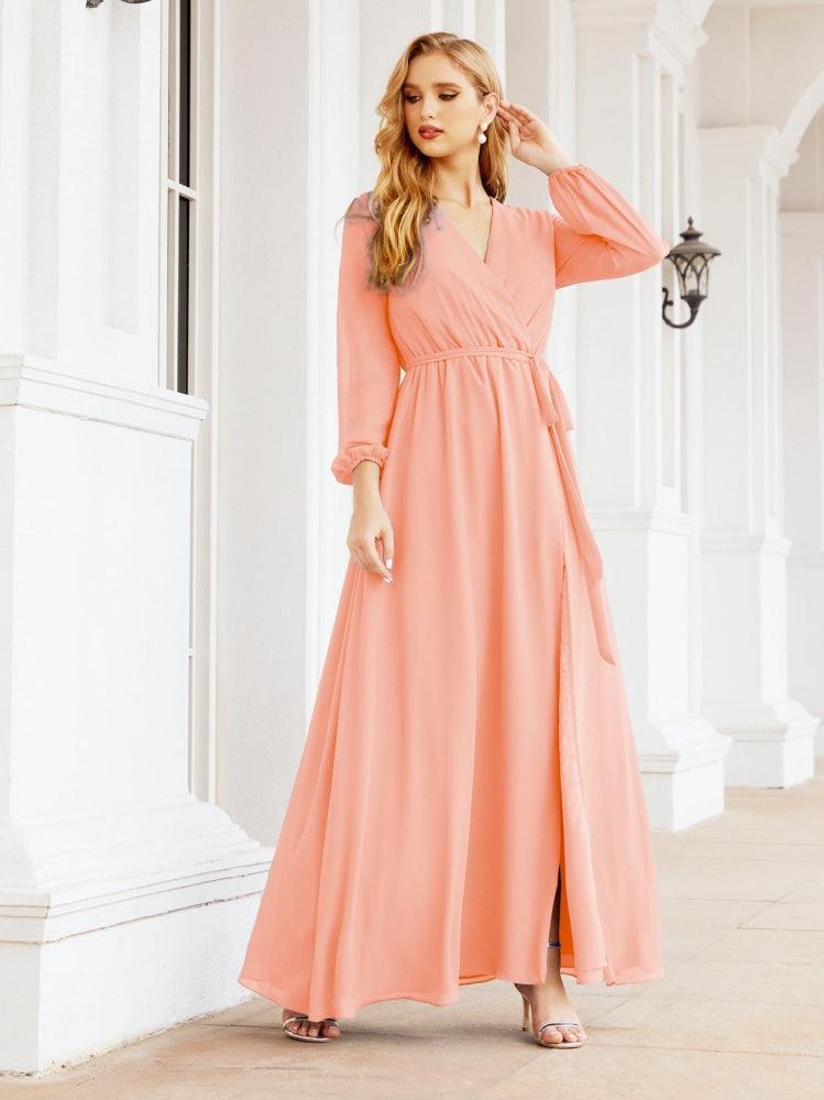 Numbersea Women's Chiffon Bridesmaid Dress A line Long Sleeves Formal Evening Prom Gown for Wedding Guest 28032