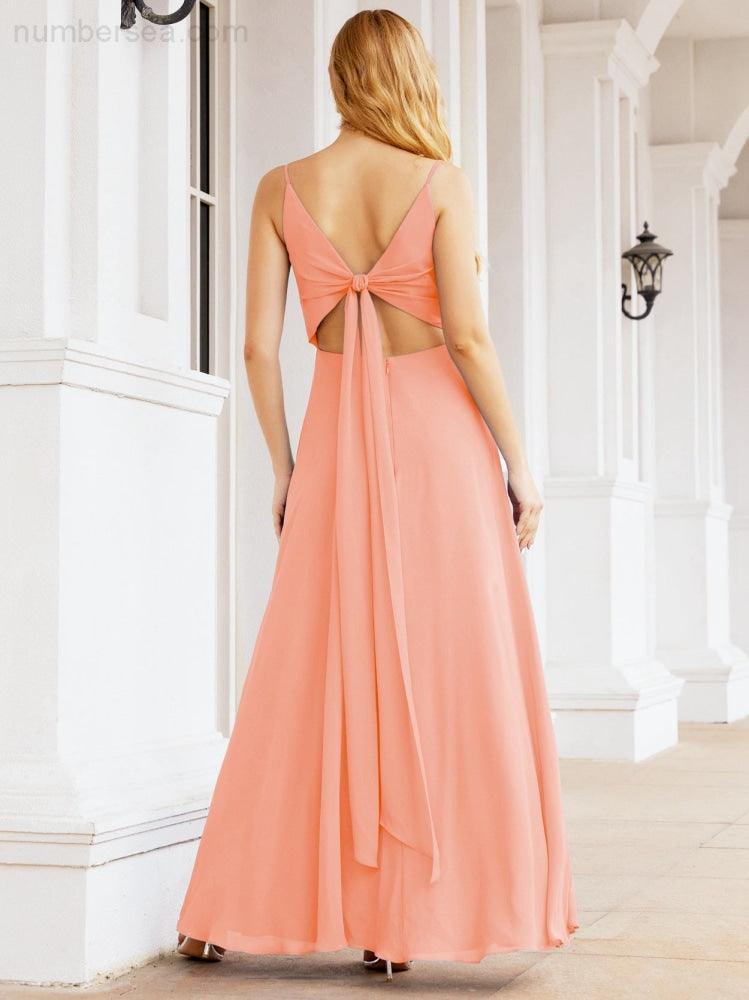 Numbersea Spaghetti Strap Bridesmaid Dresses V Neck Butterfly Back Fromal Evening Party Prom Gown 28036