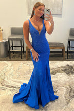 Mermaid Deep V Neck Orange Long Prom Dress with Beading