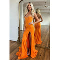 Sweetheart Strapless Beaded Satin Sheath Long Prom Evening Dress With Slit