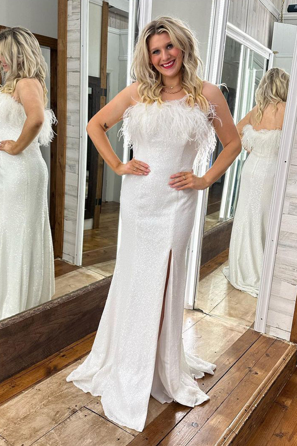 Mermaid Strapless White Sequins Plus Size Prom Dress with Feathers