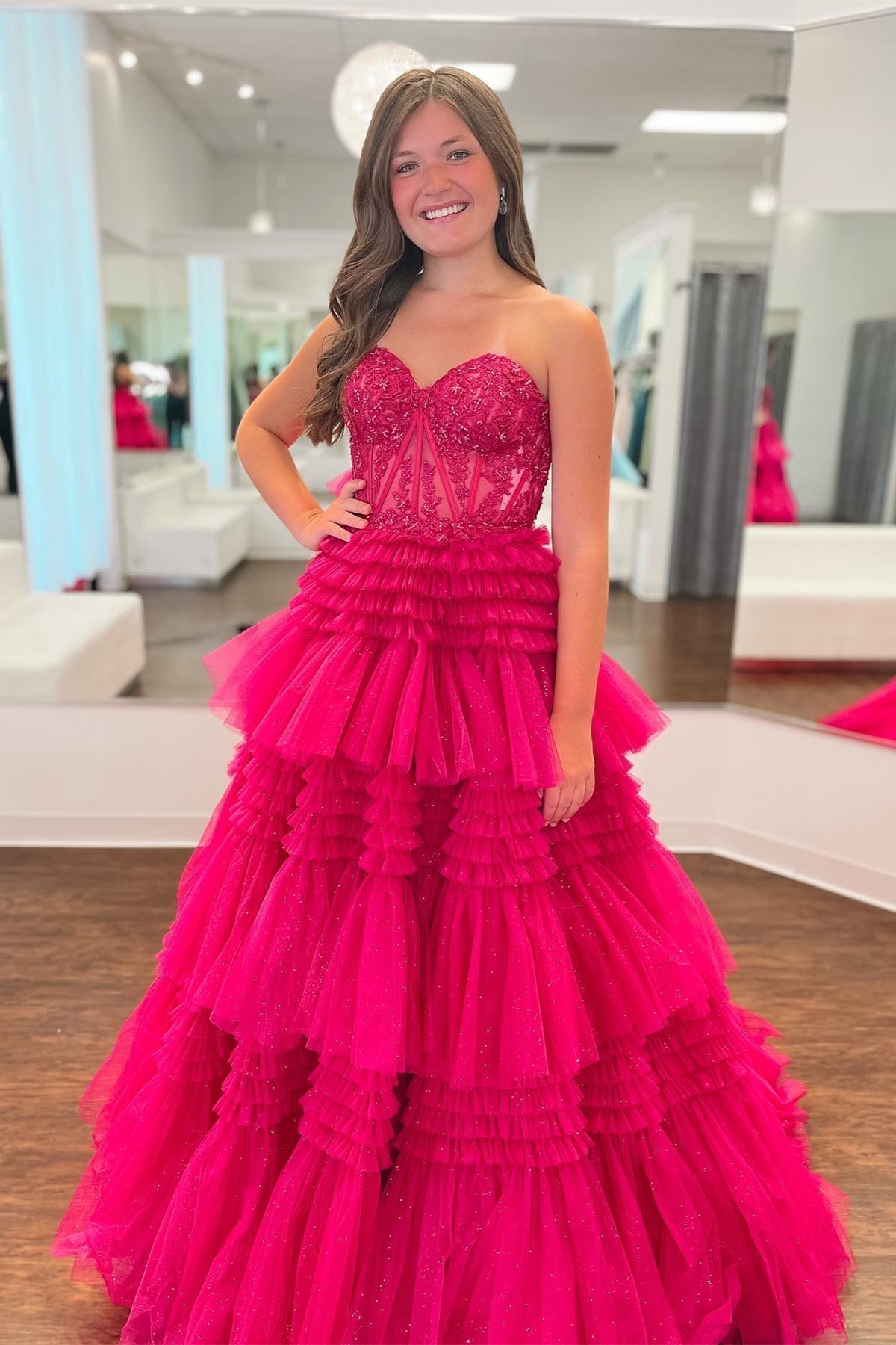 A-Line Sweetheart Tiered Tulle Prom Dress