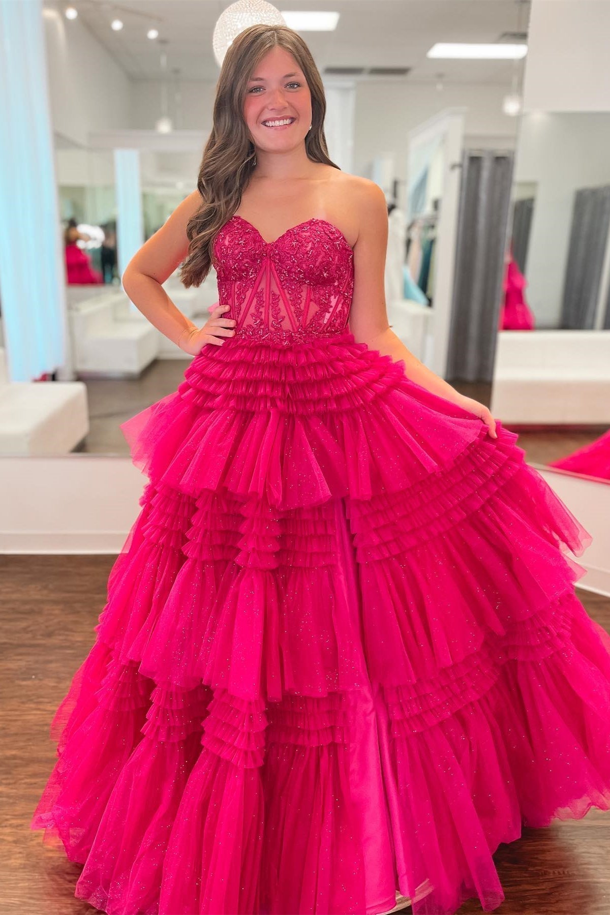A-Line Sweetheart Tiered Tulle Prom Dress