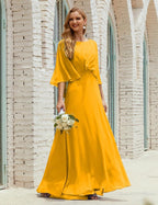 Sunnderly  Bridesmaid Dress Women Long Sleeve V-Neck Chiffon Formal Wedding Party Dress SY28018
