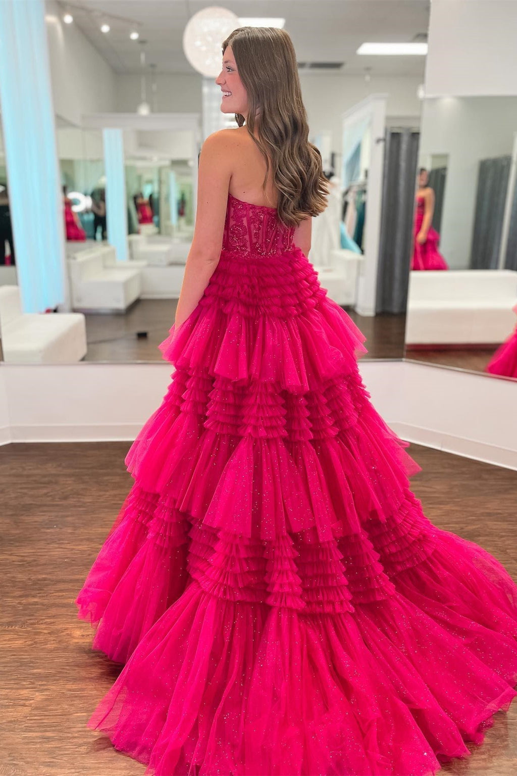 A-Line Sweetheart Tiered Tulle Prom Dress