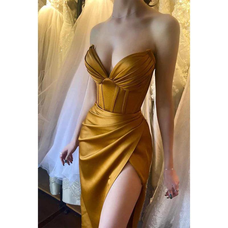 Sexy V Neck Satin Pleats Sheath/column Long Formal Party Dress with Slit