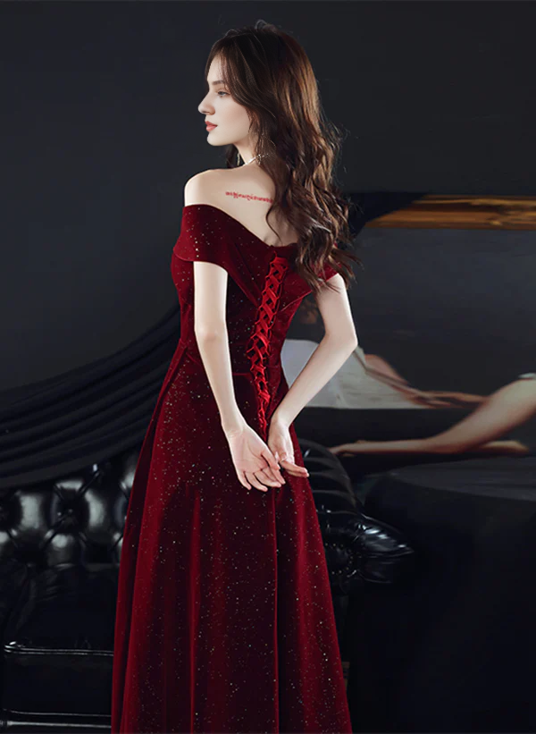 Sparkling Velvet Off Shoulder Long Party Dress A-line Prom Dress Evening Dress