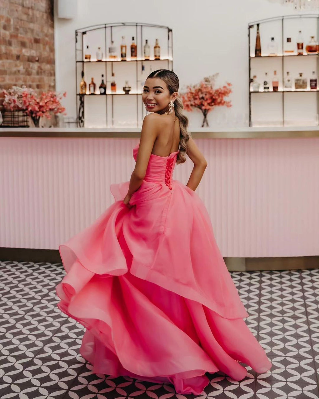 Light Pink A Line Strapless Organza Prom Dress