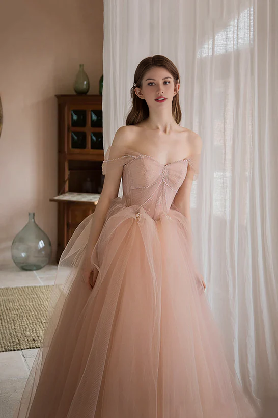 Off Shoulder Pink Tulle Long Formal Dress A-line Princess Prom Dress Evening Dress