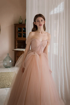 Off Shoulder Pink Tulle Long Formal Dress A-line Princess Prom Dress Evening Dress