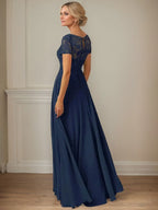 Dark Navy A-Line Boatneck Sequins Chiffon Dress