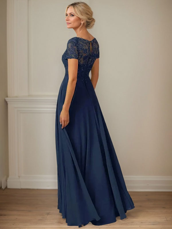 Dark Navy A-Line Boatneck Sequins Chiffon Dress