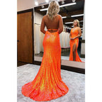 Spaghetti Straps Orange Sequins Appliques Long Prom Dress with Slit