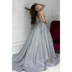 Sexy V-neck Silver Sparkly Prom Ball Gown