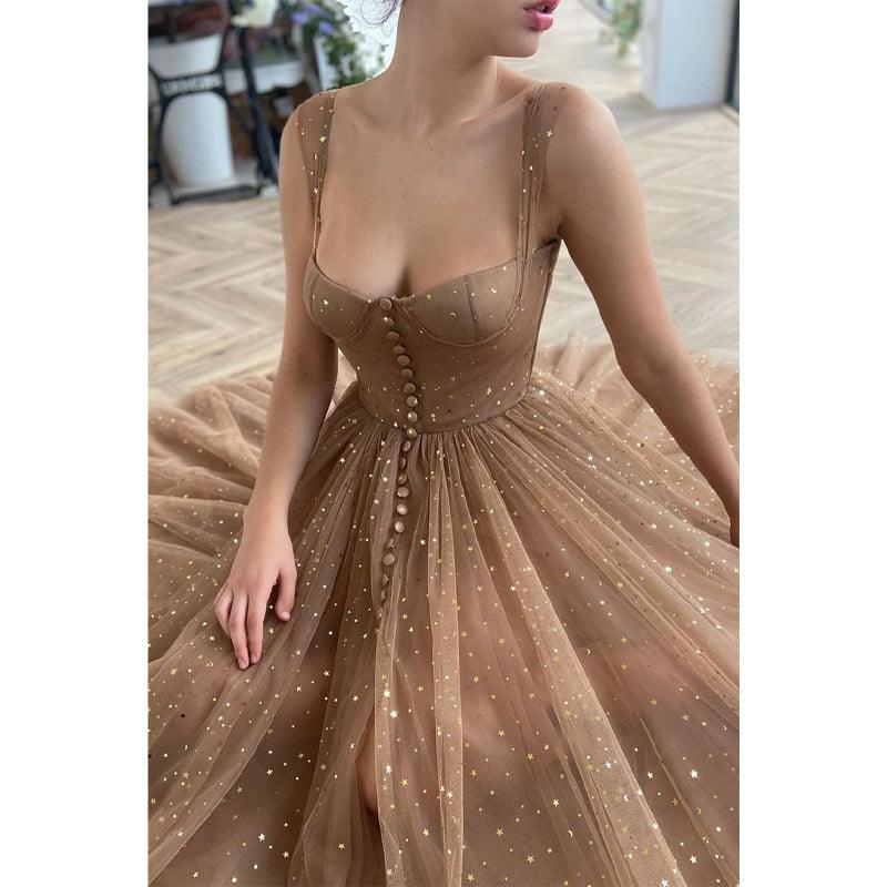 Spaghetti Straps Sweetheart Pink Sequined Formal Dress with Pockets