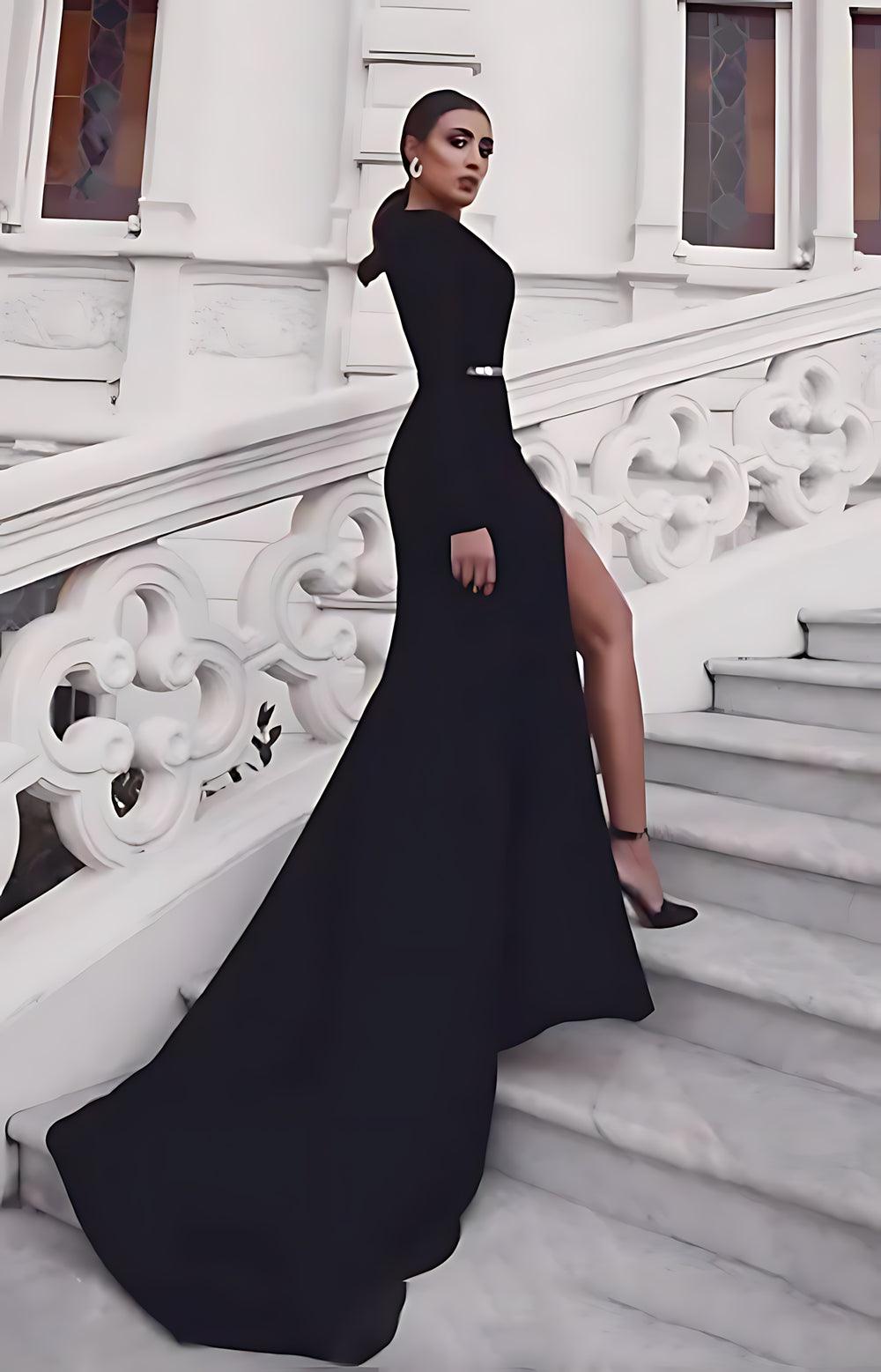 Mermaid Black Dress Evening Gown Sexy Dress Prom Black Tie Gala Court Train Long Sleeve Off Shoulder Belt / Sash Cotton with Slit