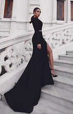 Mermaid Black Dress Evening Gown Sexy Dress Prom Black Tie Gala Court Train Long Sleeve Off Shoulder Belt / Sash Cotton with Slit