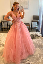 Princess A Line V Neck Orange Long Prom Dress with Appliques