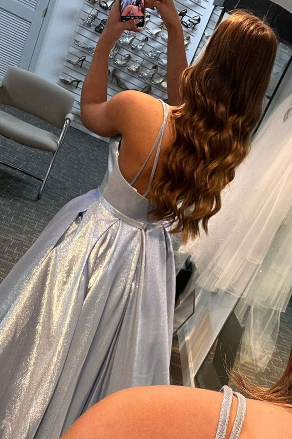 Glitter Long Prom Dress with Pockets