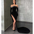 Unique Off Shoulder Beads Long Sleeves Black Velvet Formal Evening Dress with Slit