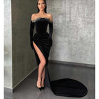 Unique Off Shoulder Beads Long Sleeves Black Velvet Formal Evening Dress with Slit
