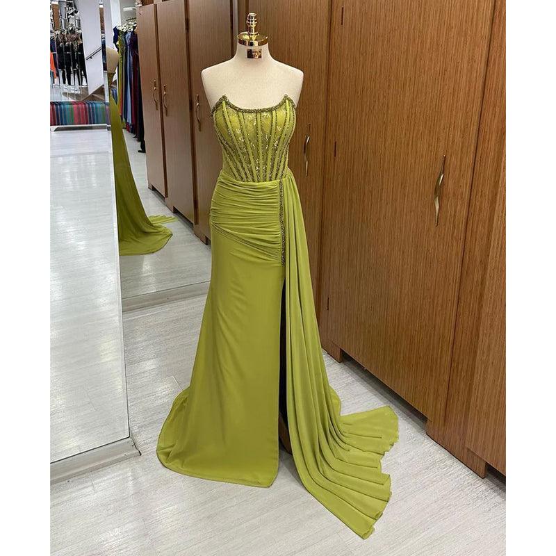 Sheath/column Strapless Beads Long Formal Evening Dress with Slit