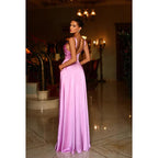 Simple V-Neck Sleeveless Ruched Satin A-Line Long Prom Evening Dress