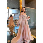 Sweetheart Off-Shoulder Long Sleeves A-Line Prom Gown With Slit