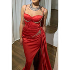 Sweetheart Spaghetti Straps Beaded with Side Slit Train Party Prom Evening Dress