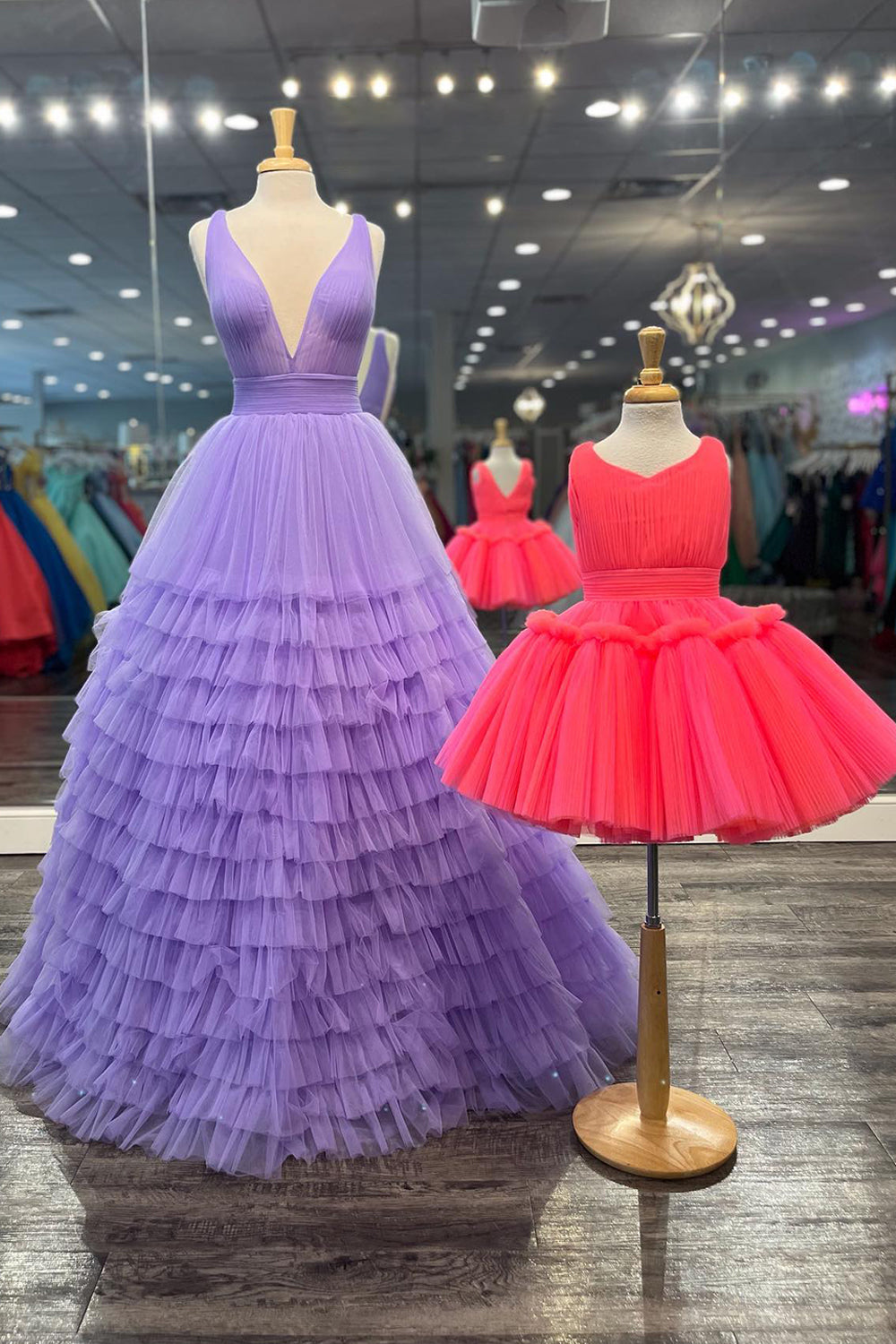 Purple Deep V-Neck Tiered Prom Dress