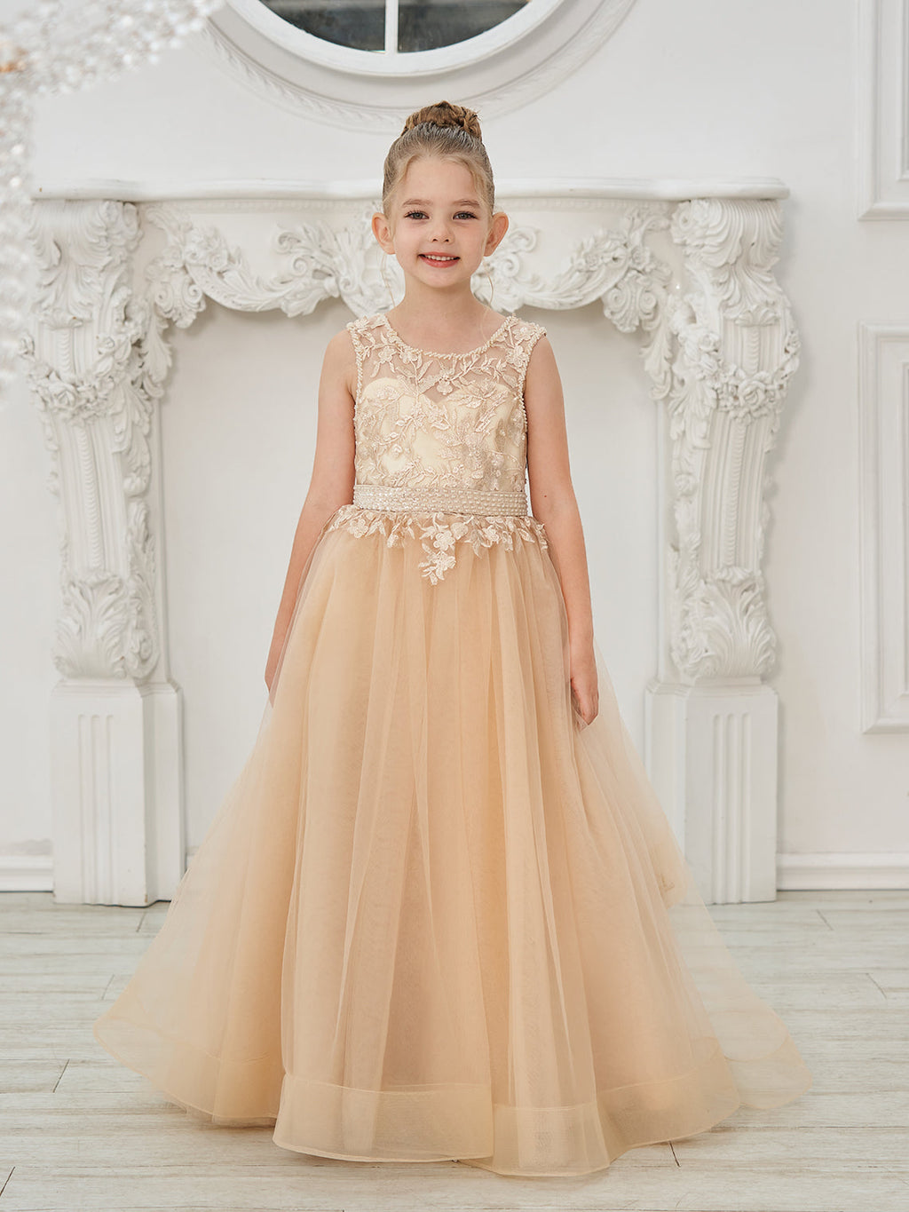 Ball-Gown/Princess Tulle Sweep Train Champagne Flower Girl Dress