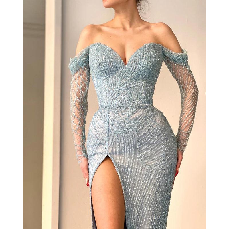 Sheath Chic Off-shoulder Beaded Illusion Long Sleeves Blue Prom Evening Gown