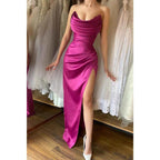 Unique Strapless Satin Pleats Long Formal Party Dress with Slit