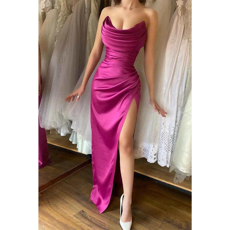 Unique Strapless Satin Pleats Long Formal Party Dress with Slit