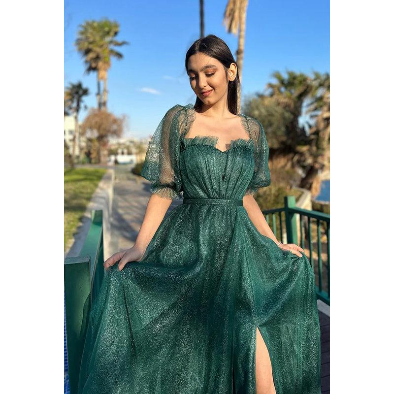 Glamorous & Dramatic A-line Short Sleeves Off-Shoudler Sparkly Tulle Formal Party Prom Dress