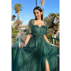 Glamorous & Dramatic A-line Short Sleeves Off-Shoudler Sparkly Tulle Formal Party Prom Dress